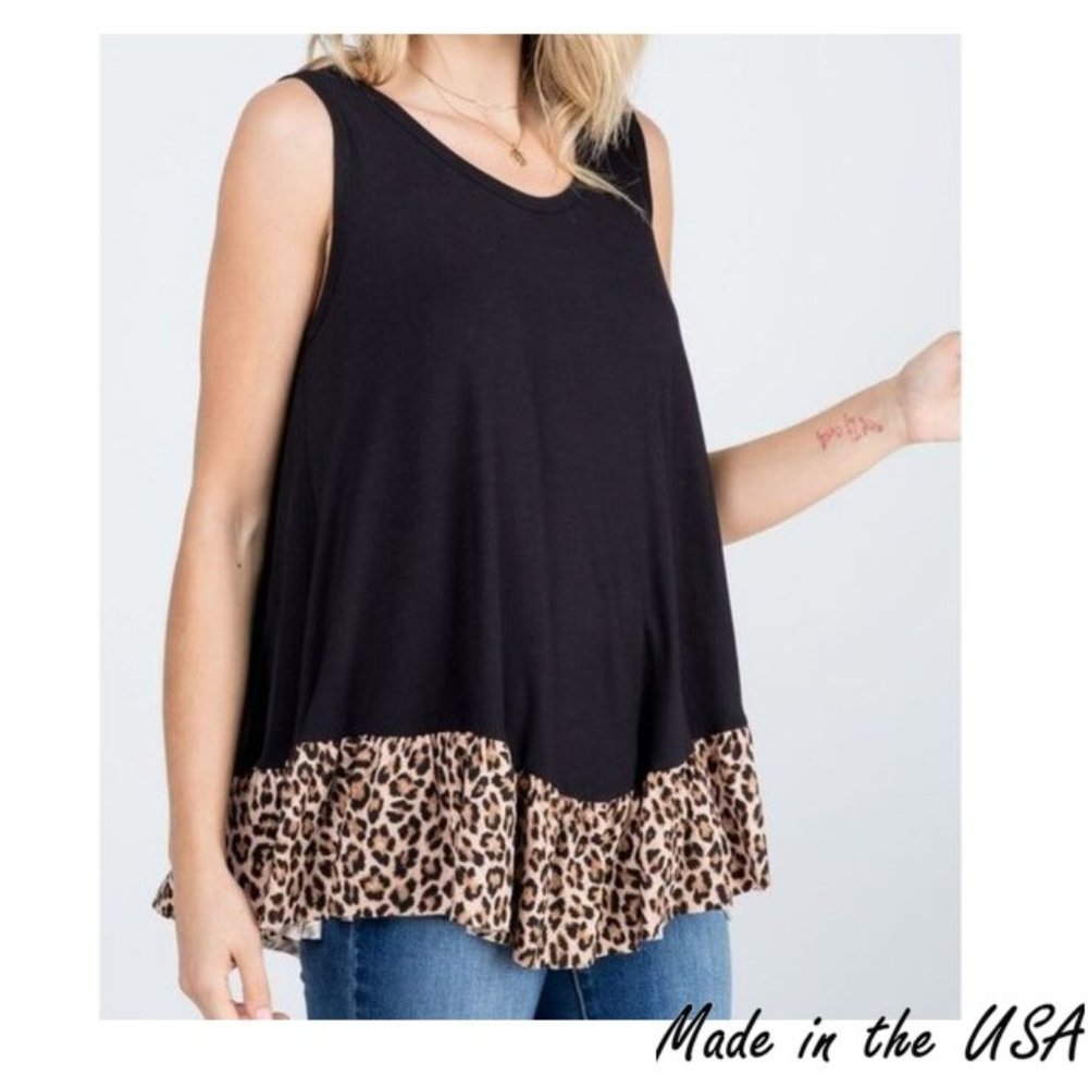 ANIMAL PRINTED FABRIC CONTRAST RUFFLE TANK TOP